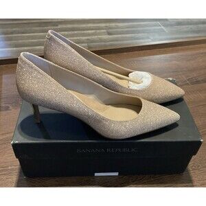Banana Republic Madison Cat Heel Pump Gold Heel Blush Pink Sparkle Shimmer 8.5